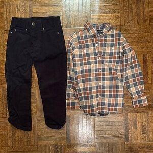 Janie and Jack Plaid Shirt and Black Corduroy Pants Set